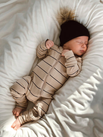 Tan/Black Stripe / Ribbed 2-Way Zip Romper