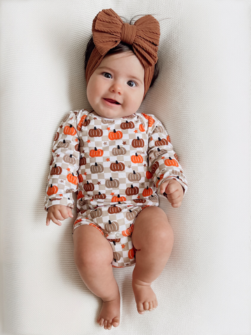 Long Sleeve Bodysuit, Pumpkin Checkerboard