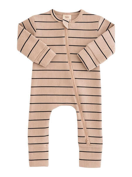 Tan/Black Stripe / Ribbed 2-Way Zip Romper