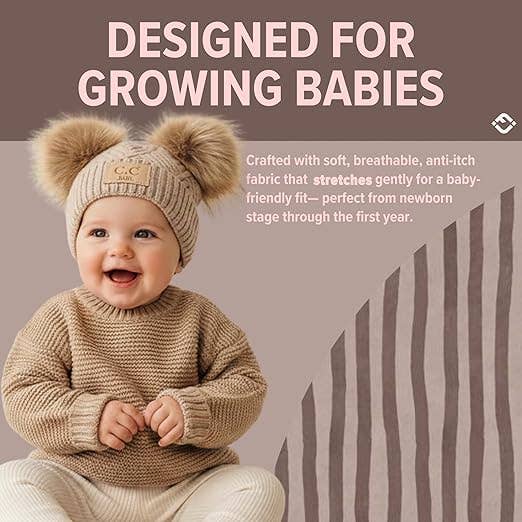 C.C Baby Double Pom Beanie (Diagonal Basketweave/Beige)