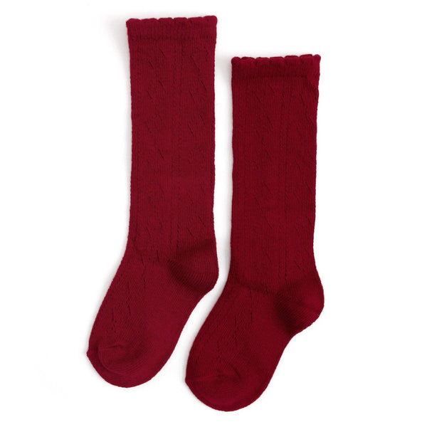 Scalloped Fancy Knee High Socks - Crimson