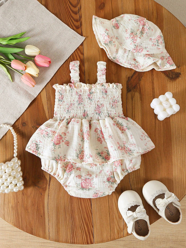 Vintage Floral Smocked Baby Girl Romper + Hat