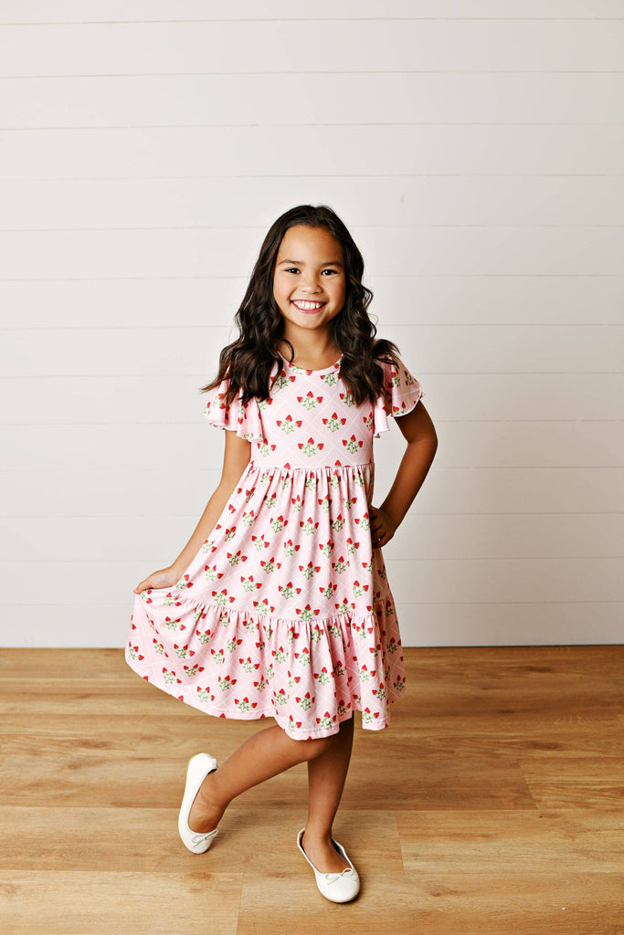 Emmy Pink Strawberry Flutter Sleeve Twirl Spring Dress