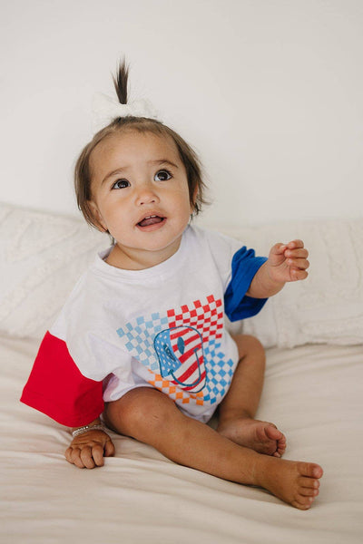 4th of July Colorblock Checker Smiley Oversized T-Shirt Romper - 4th of July Outfit