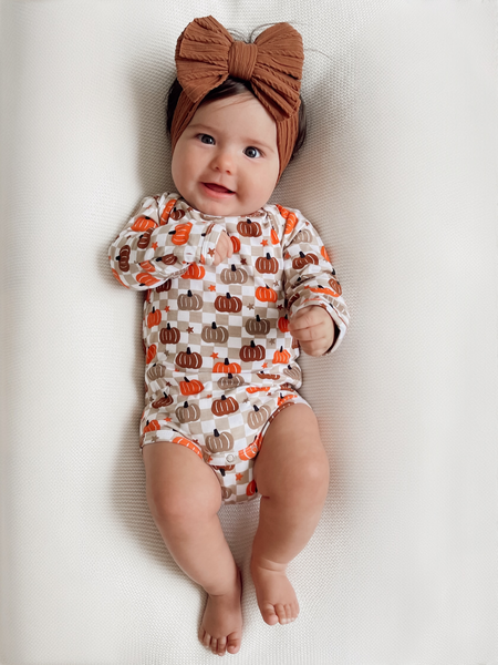 Long Sleeve Bodysuit, Pumpkin Checkerboard