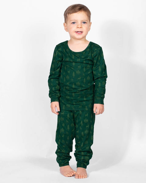 Kid's Woodsy Deer Long Sleeve Pajamas   Hunter Green/Dark Green   -Asst.