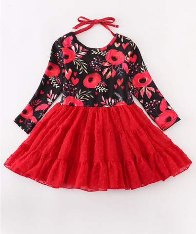 Red Floral Ruffle Dress