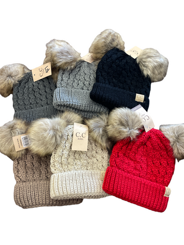 KIDS CABLE KNIT DOUBLE FUR POM C.C. Beanie